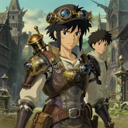 a full body portrait of a steampunk adventurer, finely detailed features, closeup at the faces, perfect art, at an ancient city, gapmoe yandere grimdark, trending on pixiv fanbox, painted by greg rutkowski makoto shinkai takashi takeuchi studio ghibli, akihiko yoshida