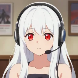 anime visual of a cute girl, large red eyes, long white hair, small narrow mouth, wearing a headset in her ( ( ( room interior!!!!!! ) ) ), poster by ilya kuvshinov, gapmoe, flat cel shaded, finely detailed face features,