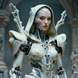 a cybernetic symbiosis, a beautyfull cybernetic mech cyberpunk woman in hood, organic ceramic fractal forms, porcelan, film still from the movie directed by denis villeneuve with art direction by wayne barlowe and salvador dali, wide lens, f 3 2,