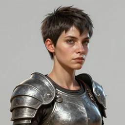 hyper detailed substance painted 3 d full body turnaround character portrait of a woman with a pixie cut and armor, realistically proportioned face, photorealistic eyes, cinematic lighting, good value control, smooth, realistic shading, realistic face details, highly detailed, digital painting, painted texture maps, good colors, illustration, substance painter, ultra realistic, very highly detailed, segmented armor