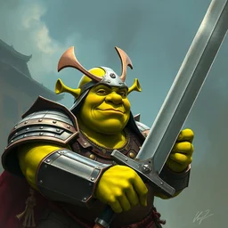 shrek in a heavy suit of samurai armor, giant sword, digital painting masterpiece by rembrandt and mœbius and thomas kinkade and frank frazetta, 4 k wallpaper, comic book art