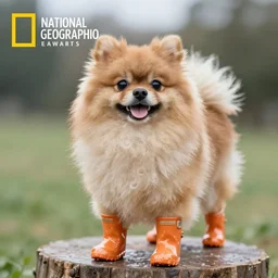 a pomeranian dog in rain boots, he is smiling, wildlife photograph, award-winning, national geographic