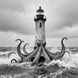 an old lighthouse, the tentacles of a gigantic octopus emerging from the stormy sea, very long shot, old black and white photography, photorealistic, highly detailed