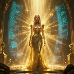 cinematic render of Grimes as the mother god of all languages in a large room with holographic codes and golden light rays, trending on artstationHD, 8K