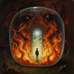a tiny desolate man in a giant cubic bubble being tormented by demons and raging flames of hell, portal to paradise, dark, disturbing, uneasy, unsettling, by hieronymus bosch, trending on artstation, trending on nightcafe, by alexander fedosa oil on canvas