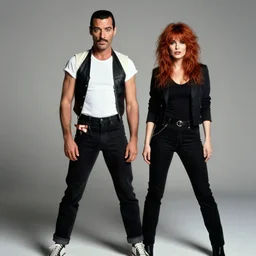 medium long shot, 3 / 4 shot, full body, of freddie mercury and kate bush posing, sharp eyes, serious expressions, detailed, black and white, sharp, dreamy, misty woods, epic photo by talented photographer diane arbus