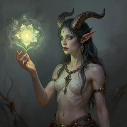 tiefling woman with bent horns holding a glowing floating flower, petrichor, malady, art by fiona staples, art by james gurney, art by norman rockwell