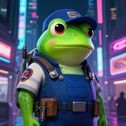 a frog dressed like a mechanic in neo tokyo + night, neon lights, cyberpunk, concept art, promotional design, highly detailed, 8 k, by yoichi kotabe