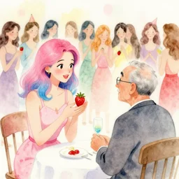 a drawing of a woman - strawberry with pink and blue hair talking to an old man, a busy birthday party with numerous girls in their 2 0 s, watercolour