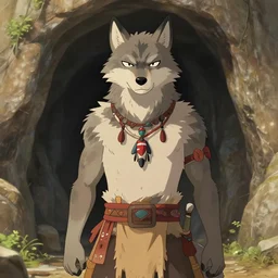 smug smirk sardonic character portrait feature of the anthro male anthropomorphic wolf fursona animal person wearing tribal primitive caveman outfit belt standing in the entrance to the cave, well framed character design stylized by charlie bowater, ross tran, artgerm, makoto shinkai, detailed, soft lighting, rendered in octane