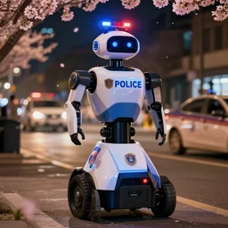 a night shot of a police robot guarding a street. bloom light effects.