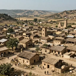 realistic photo of a town, settlement, buildings, detailed scenery, caveman time period