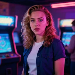 “ scarlett johansson portrait, stranger things character, 8 0 s, neon, high school, student, vhs, arcade, fiction, steven spielberg, hyperrealistic, dramatic, heroic, epic, cinematic lighting ”