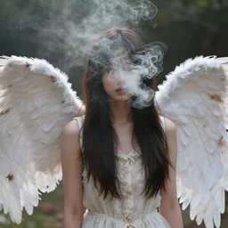 a young adult angelgirl with face obscured by smoke, ratty feathered angel wings