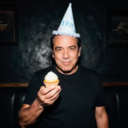 portrait photo still of danny trejo holding a cupcake wearing a birthday hat, in a dark and grimey club, 8 k, 8 5 mm f 1. 8