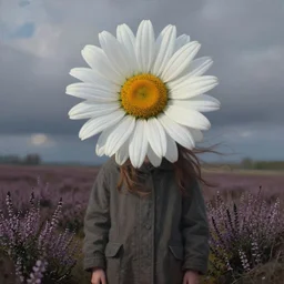 portrait, enormous daisy flower the head, a girl wearing coat in heather field, surreal photography, wind and cold, dramatic sky, impressionist painting, digital painting, artstation, simon stalenhag