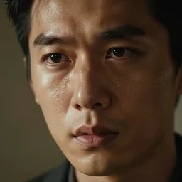closeup hd photo of a man's face, looking nervous and sweating profusely