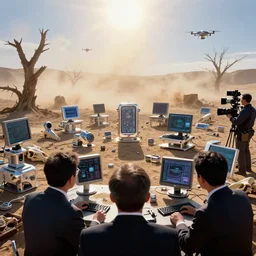 a first person view of businessmen looking at computer elements, surrounded by shiny new pieces of futuristic high - tech contraptions, small and big pieces scattered around, animal bones and dried up trees, heatwave, blinding sun, dust storm and drones in the horizon, reporter, live footage, canon 3 5 mm lens, ektachrome color photo
