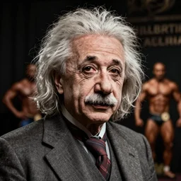 Albert Einstein at a body building competition