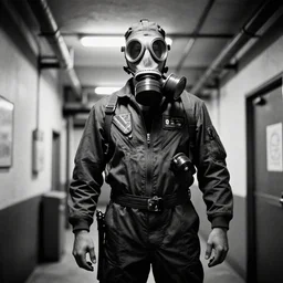 A photograph of a gigantic lanky man in a GP-5 gas mask and a flight suit, inside the halls of the Kowloon Walled City. Film Noir. High Contrast. Black and White.