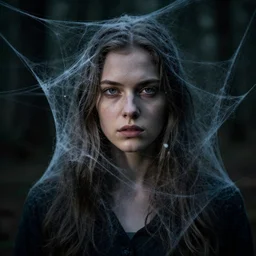 portrait of a young woman, covered in cobwebs, dramatic lighting, cinematic, dark forest, head and shoulders, greg rutkowski