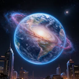' planet earth from view of the galaxy, solar punk style, skyscrapers, nebula, volumetric lighting, octane render, unreal engine, uhd'