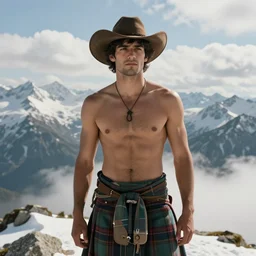 a homoerotic portrait by greg rutkowski and albert bierstadt and bill ward of a handsome shirtless desi hiker on a mountain peak | he is wearing a cowboy hat and a revealing tartan kilt | background is snowy mountains and clouds | detailed face, ethereal, dreamlike | trending on artstation