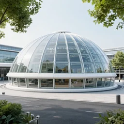 outside view of a futuristic white glass dome train station in london with trees and crowded square around, trains, hyperdetailed, artstation, cgsociety, 8 k