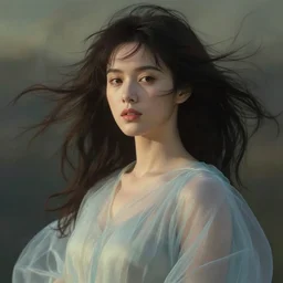 portrait of a beautiful woman with her translucent dress blowing in the wind, highly detailed, by john william waterhouse, and studio ghibli, victo ngai, surreal, dramatic lighting, close up