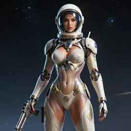 sexy doctor ornate feminine cyborg in full body skin space suit, arab helmet, concept art, joshua rife, gun, intricate, highlydetailed, space background, artstation 4 k raytracing, shadows, highlights, illumination