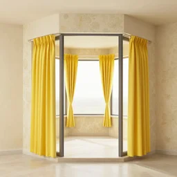 colour 3 5 mm, 8 k, empty small penthouse interior, open floor, big windows, long yellow curtains, beautiful wall paper, stucco,
