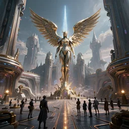 visually stunning, cinematic, ultra realistic, hyper realism, 1 2 k, epic, octane render, unreal engine, vfx, maya, galactic highway : magicpunk seraphim statue knight, gathering at the gallows at the courtyard of a robust dieselpunk futuristic fantasy castle : aether spout, by nadezda and david stoupakis