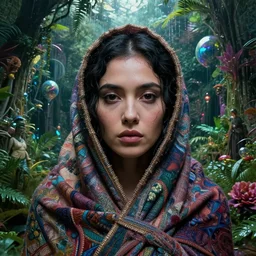 detailed face of a latina woman clothed wrapped in textiles, lush, opulent, walled garden, utopian, tech noir, wet reflections, prism, atmospheric, ambient, pj crook, syd mead, livia prima, artgerm, greg rutkowski, nick alm, casey baugh