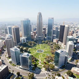 futuristic circle los angeles with humongous skyscrapers, huge crowded park with a lake in the middle of the city, sunrise hyperdetailed, artstation, cgsociety, 8 k