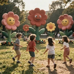 1990s candid photo of a beautiful day at the park, cinematic lighting, cinematic look, golden hour, large personified costumed flower people in the background, Enormous flower people mascots with friendly faces chasing kids, kids talking to flower people that are kinda scary and ruining the day, UHD