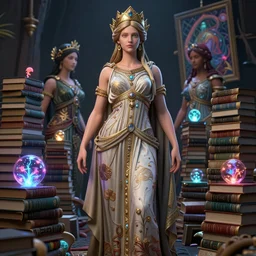 3 d goddess minerva, medium shot portrait. beautiful hyperrealistic intricate highly detailed and richly embroidered flowing gown, surrounded by stacks of books bioluminescent, curious, plasma,, artwork by tooth wu and wlop and chiara bautista, octane 3 d render