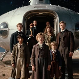 sharp, 35mm still from a sci fi blockbuster movie made in 2022, set in 1860, of a family leaving a spaceship, that has just landed on an alien planet, wearing 1850s era clothes, good lighting, 4k, in focus faces, oscar winner, 35mm macro lens