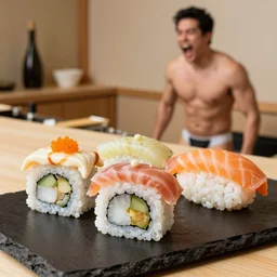 kraft singles on sushi with a guy in his underwear screaming