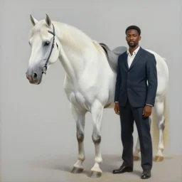 a painting of a black man next to a beautiful white horse in a weed field, in the style of sandro botticelli, amazing detail