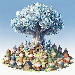 a populated gnome town at the base of a large crystal tree, anime art, unreal render, hyper detailed drawing, intricate, anime key visual, manga, digital painting, artstation, hard focus, symmetry, illustration, landscape, very clear lines, no noise, crisp looking picture