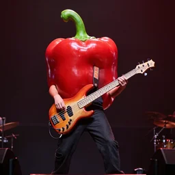 a big red hot chilli pepper on stage alone, playing the bass guitar