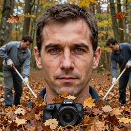 closeup portrait of cleaners trying to hold back the falling leaves in a forest, detailed face, by Steve McCurry and David Lazar, CANON Eos C300, ƒ5.6, 35mm, 8K, medium-format print