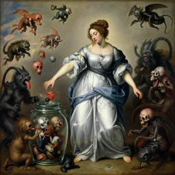 a painting of pandora opening her jar, releasing monsters and critters that impersonate sickness and death, misery, she is fully dressed, in the style of realism and a masterpiece by artemisia gentileschi, artemisia gentileschi, james jean, and egon schiele, critters flying around, the jar is clearly visible