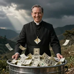 photo of a smiling priest in a tub full of money