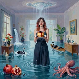 tall female emo artist holding berry pancakes in her flooded apartment, pomegranates, octopus, water gushing from ceiling, painting of flood waters inside an artist's apartment, a river flooding indoors, mushrooms, ikebana, zen, rapids, waterfall, black swans, canoe, berries, acrylic on canvas, surrealist, by magritte and monet