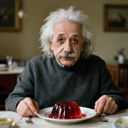 a portrait of albert einstein sitting at the dining table with a plate containing jell - o in front of him, highly detailed, trending on artstation, bokeh, 9 0 mm, f / 1. 4