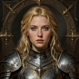 head-on centered symmetrical painted portrait, Elisha Cuthbert as a paladin, blonde hair, ornate iron armour, dramatic lighting, intricate, fantasy, intricate, elegant, highly detailed, digital painting, smooth, sharp focus, illustration, dramatic lighting, artstation, in the style of Artgerm and Anna Podedworna