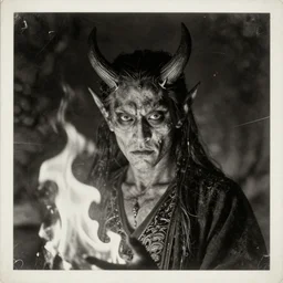 portrait of demon in fire, old vintage photography, damaged photo, film artifacts, black and white, scratches, tears, hyperrealistic, ultra detailed, 4 k