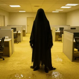 photo of a scary shadowy monster in the backrooms, mono - yellow old moist carpet randomly connected infinite empty office space