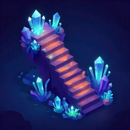 mobile game asset, isometric staircase with crystals, organic low poly vector design, the stair has bioluminescent alien - like plants of pandora growing along the staircase, aesthetic of avatar's alien nature. very dark place at blue night, purple cyan, orange smooth glowdodge dark light, photoshop filter low poly behance hd